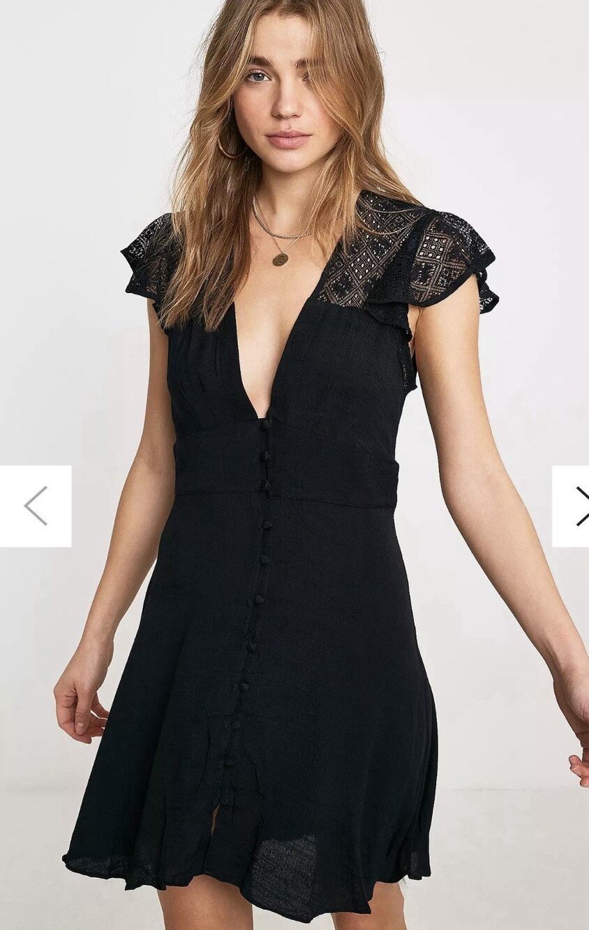 INTIMATELY FREE PEOPLE Size M Black Gauze Lace Fit Flare Mini button down Dress